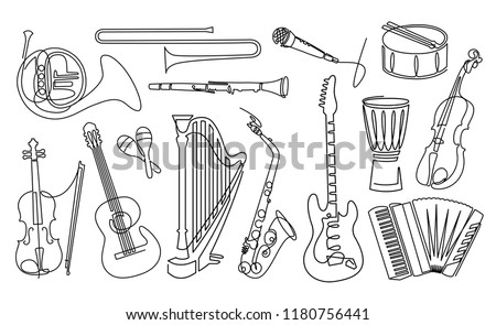 Continuous line drawing of Musical instruments linear icons set. Orchestra equipment. Stringed, wind, percussion instruments. Thin line contour symbols. Isolated vector outline illustrations.