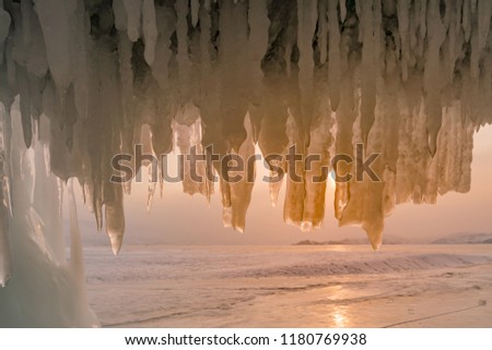 Close up ice cave freeze water lake Baikal Russia winter season natural landscape 