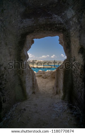 View from the caves at Monolihos on the island of Rhodes, place Monolithos, Greece