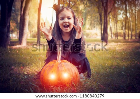 Girl in a witch costume with a pumpkin in the forest. Background happy Halloween Holiday