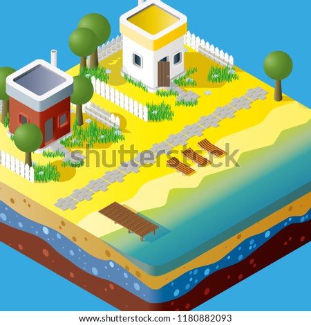 Modern illustration of an isometric building on the beach. 3d city element. 