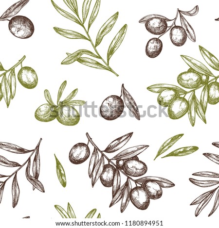 Hand drawn vector seamless pattern with ink olive tree twigs. Vector olive background. Retro decorative texture background for textile,paper,labels and etc. Royalty-Free Stock Photo #1180894951
