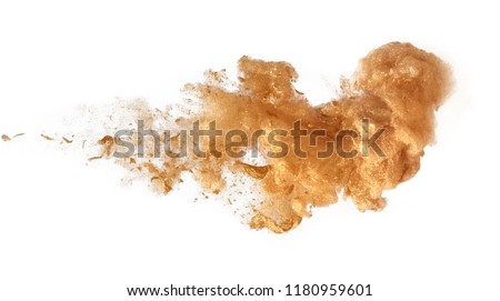 gold paint color drop in water, photographed in motion. Ink swirling. Cloud of silky ink under water isolated on white background. Royalty-Free Stock Photo #1180959601