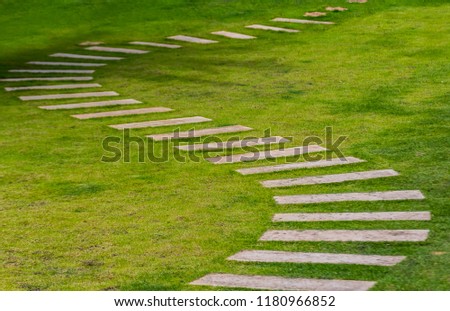 Walkway on green grass in garden. / A stone path through green grass in a garden. / Stone pathway through grass. / Stone walkway. Royalty-Free Stock Photo #1180966852