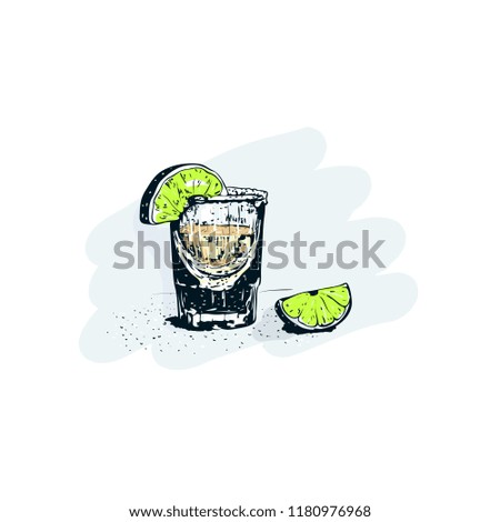 Vector illustration of a glass of tequila and lemon, hand sketch