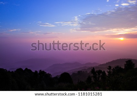 Sunrise view  on the mountain, purple and blue tone.