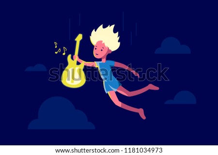 Pink boy with long hair in blue t-shirt and shorts falling down with a yellow guitar in the sky near clouds 
