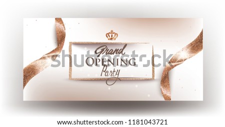 Grand Opening beige banner with beautiful textured ribbons and golden frame. Vector illustration