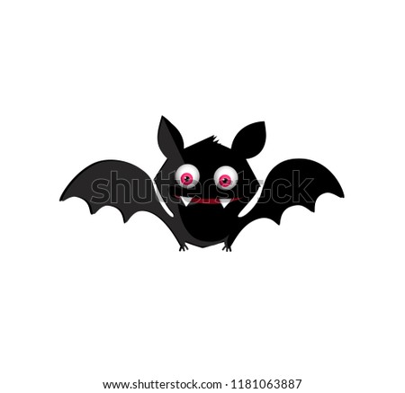 Vector illustration of cute funny black smiling bat with red eyes cartoon character isolated on white background. Halloween digital design element, icon, clip art, template for greeting card.