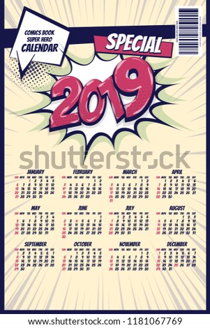 2019 retro comics book calendar template. Comic text pop art style halftone background. Speech bubble vintage colored poster. Vector super hero illustration.