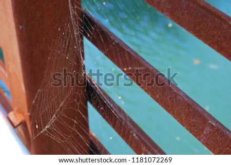 Spider's Web on rusted bridge railing