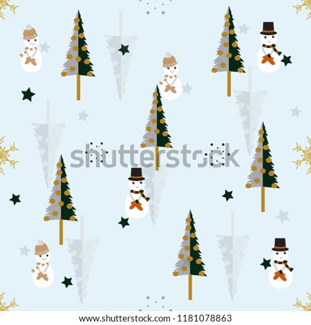 Seamless Christmas pattern with snowman and Christmas trees vector illustration for design