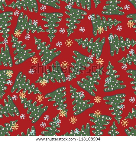 Christmas seamless pattern with snowflakes, fir trees and decoratiions