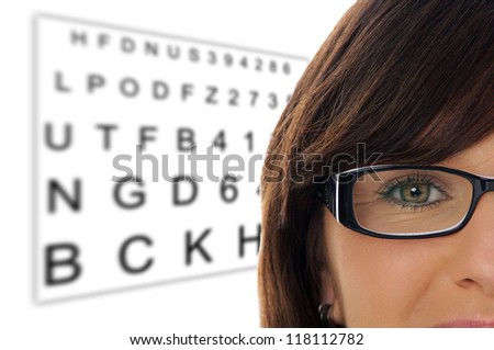 Woman with glasses at the eye doctor / Eye Test Royalty-Free Stock Photo #118112782