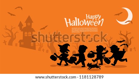 Happy Halloween. Children dressed in Halloween fancy dress to go Trick or Treating.
Template for advertising brochure. Royalty-Free Stock Photo #1181128789