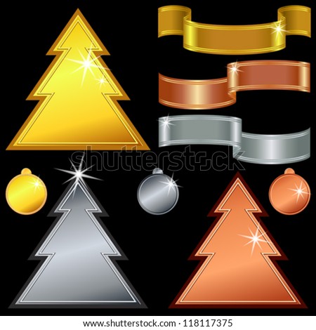 vector christmas background with gold, silver, bronze christmas trees, balls, ribbons