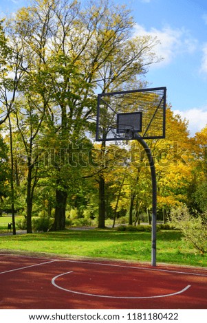 A basketball hoop in a park on a sunny autumn day - city park