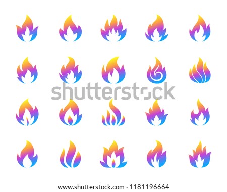 Fire silhouette icons set. Isolated on white web sign kit of bonfire. Flame pictogram collection includes fiery hell, combustion fuel, glow Modern gradient simple contour symbol Fire vector icon shape