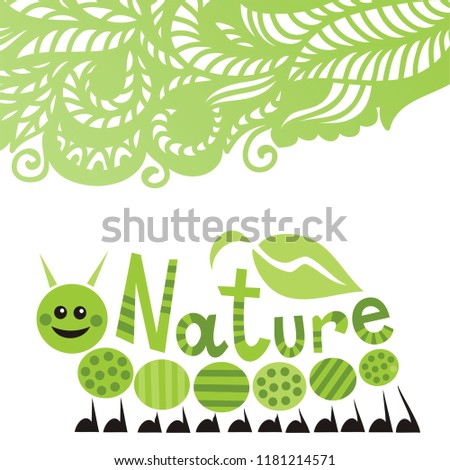 Beautiful nature card with cute cartoon caterpillar. Vector illustration
