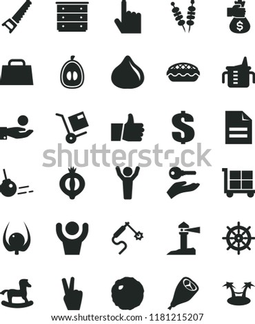 solid black flat icon set cargo trolley vector, scribbled paper, dollar, chest of drawers, measuring cup for feeding, small rocking horse, hand saw, core, index finger, thumb up, shipment, apple pie