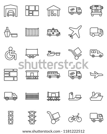 thin line vector icon set - school bus vector, bike, Railway carriage, plane, traffic light, ship, truck trailer, sea container, delivery, car, port, consolidated cargo, warehouse, disabled, garage