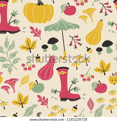 Seamless Autumn Pattern with Pumpkin, Umbrella and Leaves.