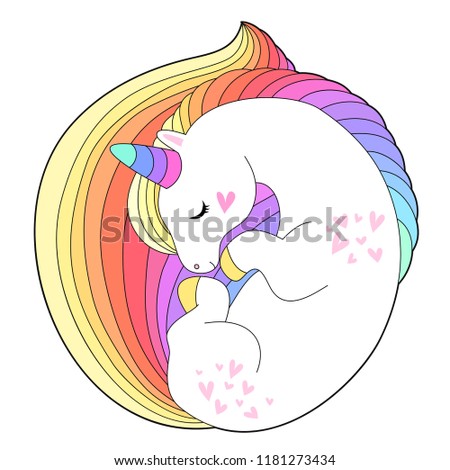 Vector Unicorn  with rainbow hair. Cute white sleep unicorn face with rainbow hair isolated on white. Print for t-shirts,  baby shower and bags. Kids design element