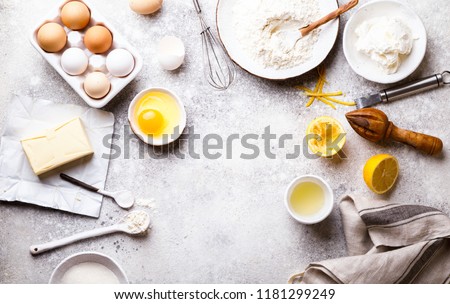  Baking background. Food accessories. Ingredients variety  for cooking dough.Concept Recipe cake of a lemon and pie. Top View. Flat Lay. Copy space for Text.  Royalty-Free Stock Photo #1181299249