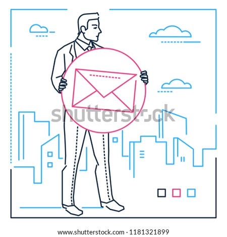 Businessman with a letter - line design style illustration on white urban background with city silhouettes. Metaphorical image of a smart young man holding a big sign of an email in his hands