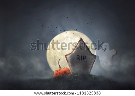 Halloween concept with a pumpkin, a grave and a ghost