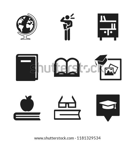 school icon. 9 school vector icons set. open book icon, hard cover book and college pin icons for web and design about school theme