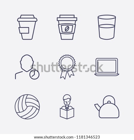 Outline 9 cup icon set. user clock, coffee cup, teapot, award, water glasses, reading a book, laptop and volleyball ball vector illustration