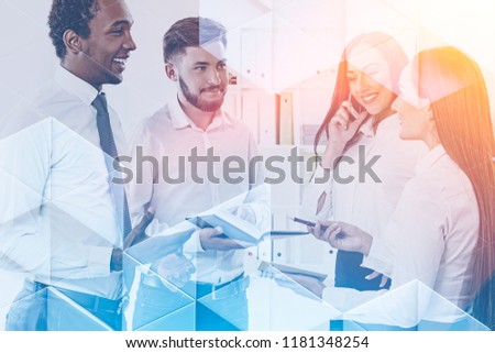 Company employees talking in a modern office. Geometric pattern in the foreground. Diversity and successful business concept. Toned image double exposure mock up