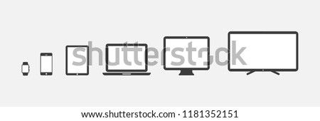 Device Icons: smartwatch, smartphone, tablet, laptop, desktop computer and tv. Vector illustration, flat design Royalty-Free Stock Photo #1181352151