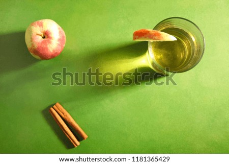 Cider, apples and cinnamon on green background. Concept alcohol. Top view.