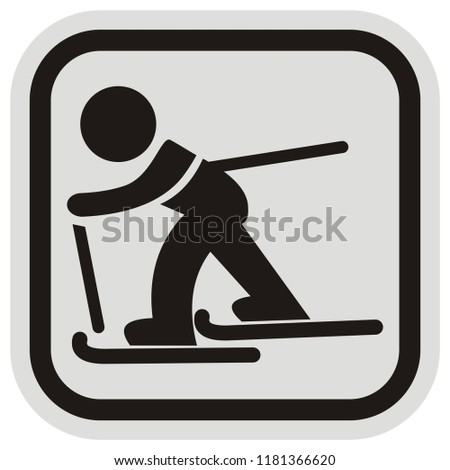 skier, black silhouette at gray and black frame, vector icon