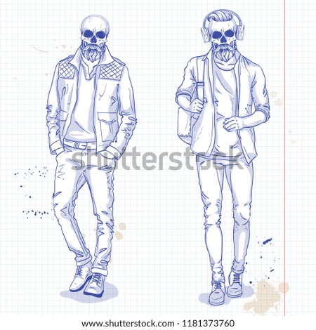 Vector set of two men with skull, beard and moustaches. Fashion illustration, sketch art on a notebook background