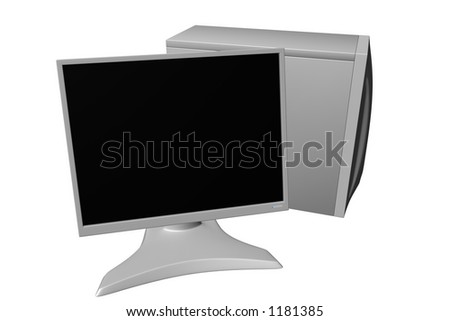 Rendered white computer with LCD monitor
