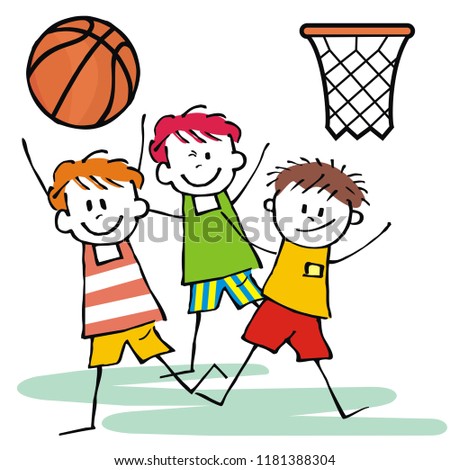 sports team, three happy kids , basketball, vector icon