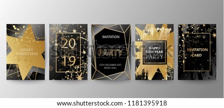 Vector 2019 Happy New Year background with golden splatters, stars, geometric frame. Christmas holiday greeting card.
