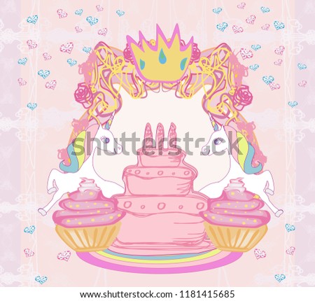 Frame with unicorns and birthday cake