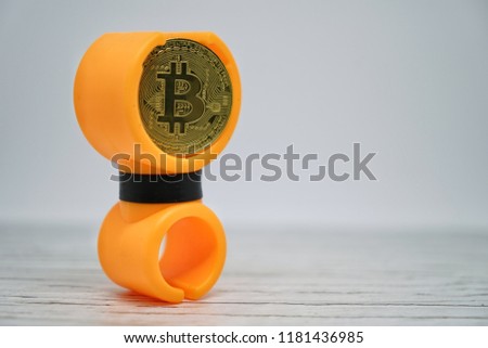 Bitcoin coin isolated on white background with copy space for text. Cryptocurrency smart contract technology concept photo. Selective focus.