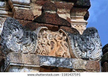 Relief in Wat Mahathat or Mahathat Temple in Sukhothai Historical Park in Thailand. The temple's name translates to 'temple of the great relic'.