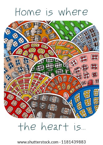 Set of doodle cute houses. Cozy cartoon hand drawn buildings in bright colors