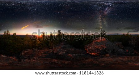 Dawn in the forest under the starry sky a milky way. 360 vr degree spherical panorama Royalty-Free Stock Photo #1181441326