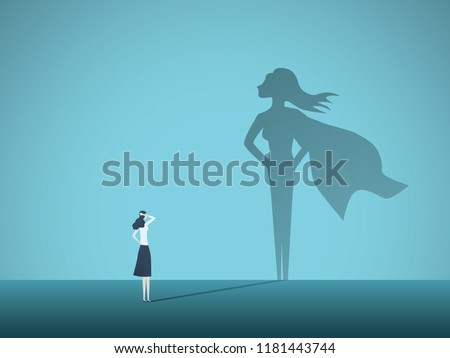 Businesswoman with superhero shadow vector concept. Business symbol of emancipation, ambition, success, motivation, leadership, courage and challenge. Eps10 vector illustration Royalty-Free Stock Photo #1181443744