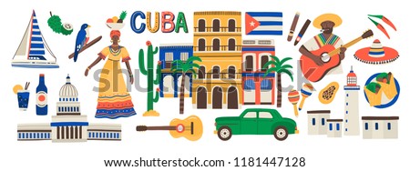 Collection of Cuba attributes isolated on white background - musical instruments, Cuban rum, flag, building, sombrero hat, chili pepper. Colorful vector illustration in modern flat cartoon style. Royalty-Free Stock Photo #1181447128