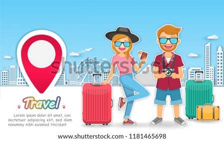 man and woman cute cartoon traveler with luggage on Background Camera photography and photo picture travel around the world concept blank space for text content paper art, vector, banner, Card, Poster