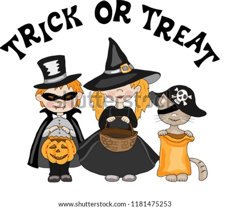 Kids and cat dressing up in different Halloween costumes for party and nolding pumpkin baskets and bags. Trick or Treat text. Vector cartoon illustration isolated on white.