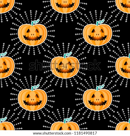 Happy Halloween jackolantern seamless pattern. Jack lantern with rays. Vector illustration isolated on black background. Retro style.